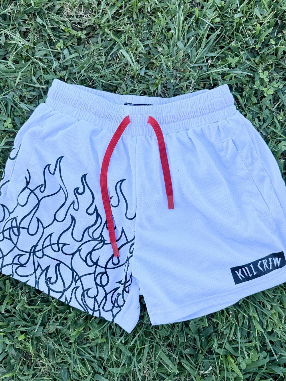 Kill Crew Muay Thai Flame Shorts (Mid Thigh Cut) White Large